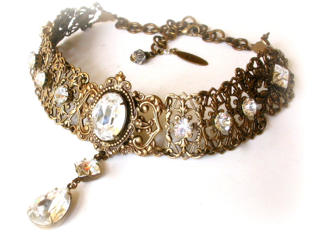 Swarovski  Crystal Choker  - Victorian Gothic  Brass Choker - Victorian Jewelry -Wedding Jewelry