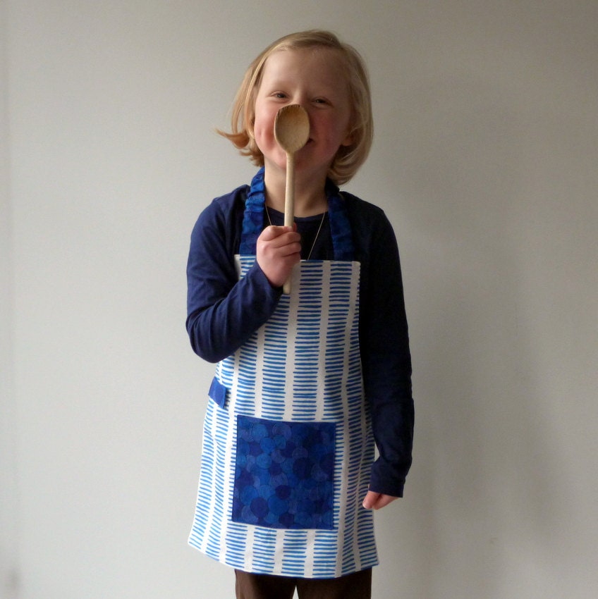 Blue Montessori Apron, Simple Kids Apron, Premium Handprinted Fabric, Free US Shipping