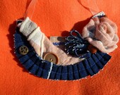 Shabby Chic Peachy Denim Fabric Necklace blue orange bib OOAK rose pleated vintage buttons upcycled napkin zigzag stitch girls teens women