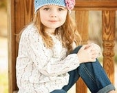 Girls Cotton Crochet Beanie - Light Blue Hat and Rose Pink Flower - Baby Toddler Child Sizes
