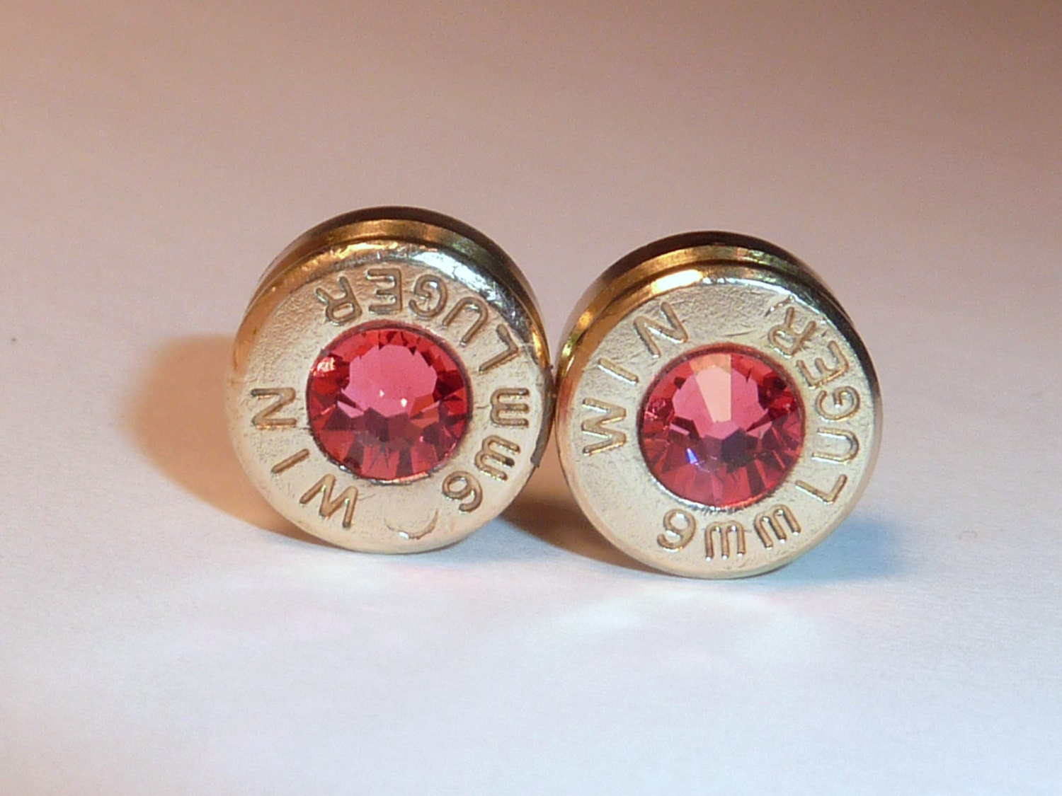 Bullet Earrings. Indian Pink .9mm Luger