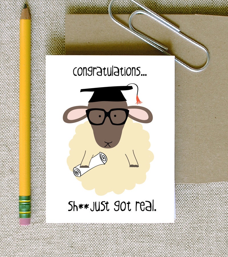 Graduation Congratulations Shit Just Got Real card hipster sheep college high school funny cheeky silly clever sarcastic class of 2013