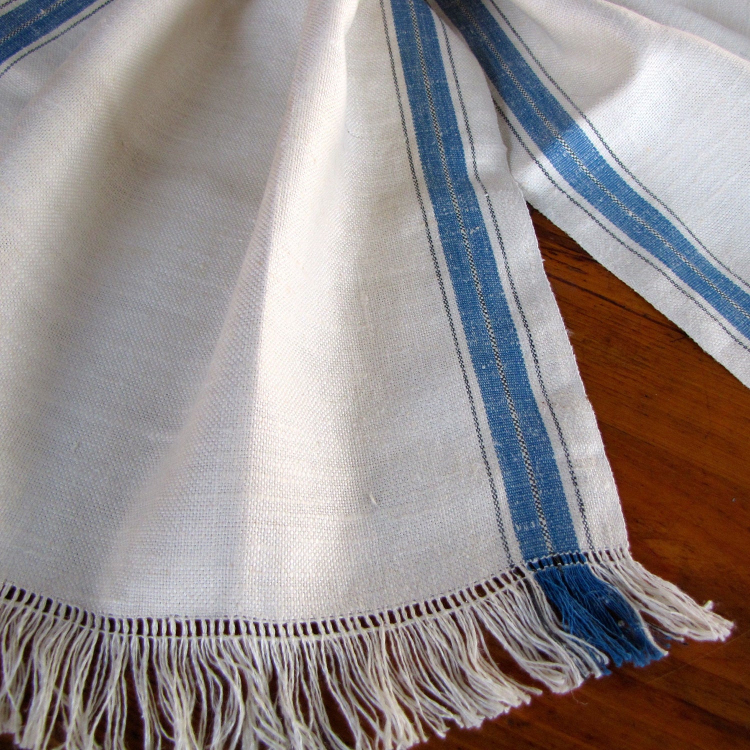 Vintage Linen Towel Dish Blue Stripe Kitchen Natural Homespun Fringe Unused