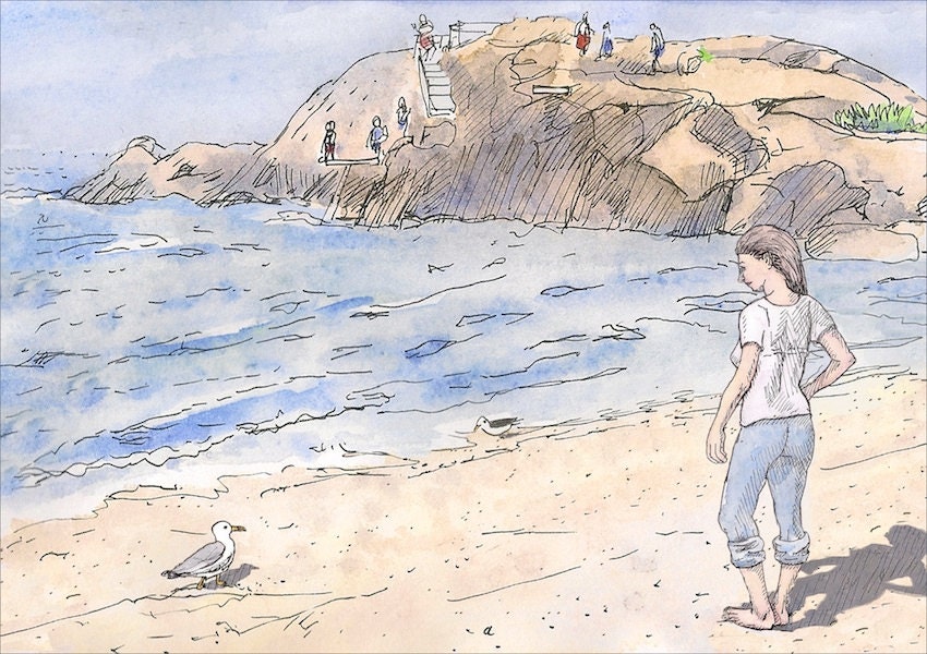 Fine art girl at beach beach signed art print landscape beach painting seagull Rhode Island Giclee  8.5x11
