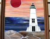 Stain Glass Mosaic-  sunset and Light House- Rincon Puerto Rico-Home Decor-Coastal