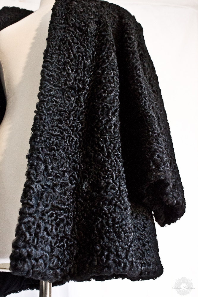 BLACK Genuine Real Persian Lamb Swing Coat , Animal Fur, Medium, Med - Outerwear, winter,