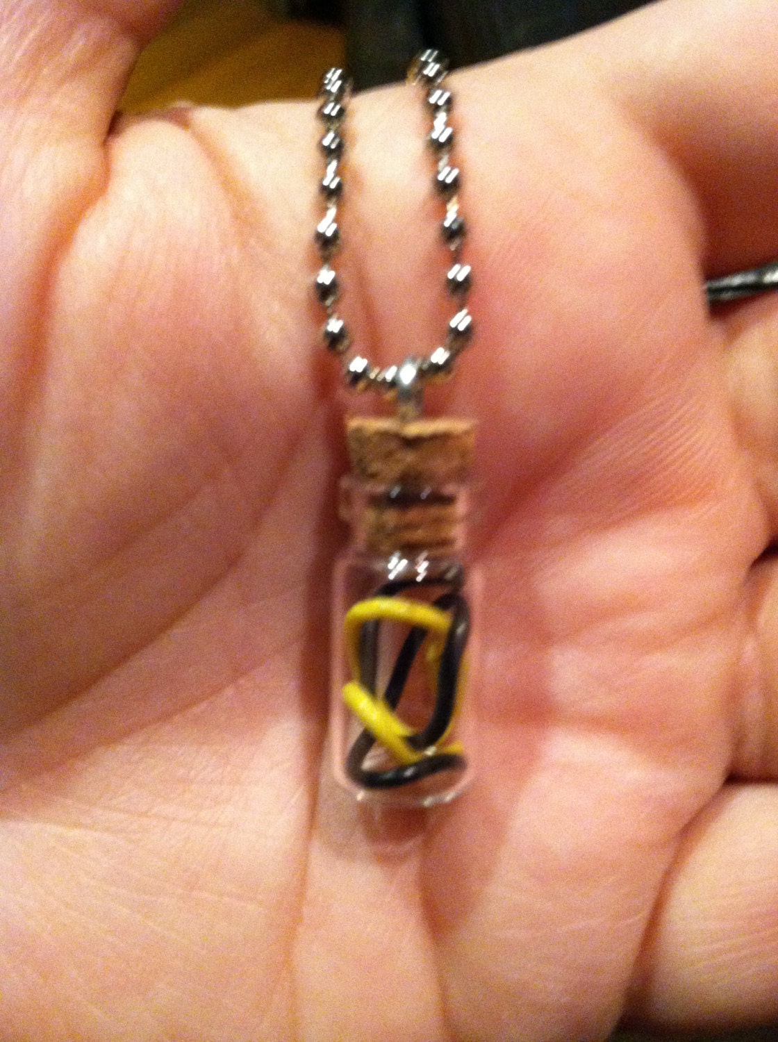 Mini Glass Bottle Pendant Necklace Black Yellow Wire