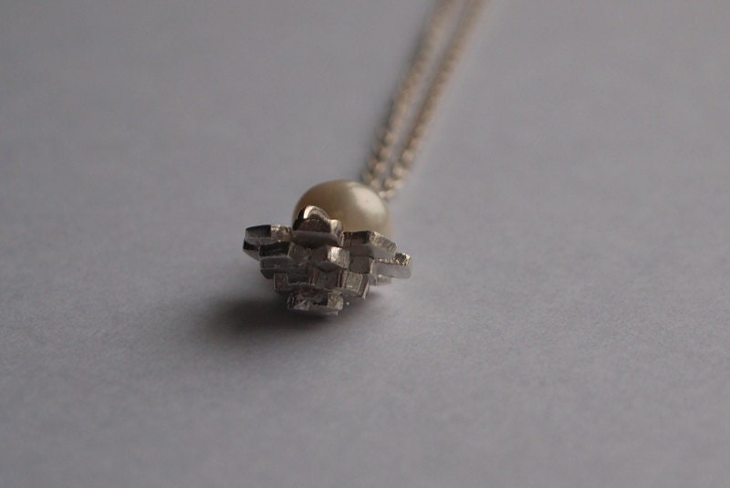 Pinecone & Pearl Necklace. Sterling Silver and Freshwater Pearl.