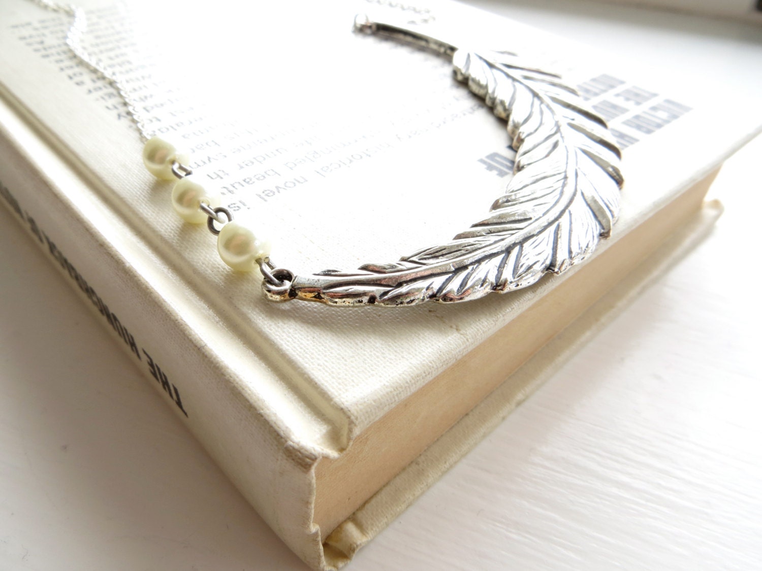 Feather Necklace - statement necklace, bib necklace, large, pearls, vintage inspired, silver, wholesale available