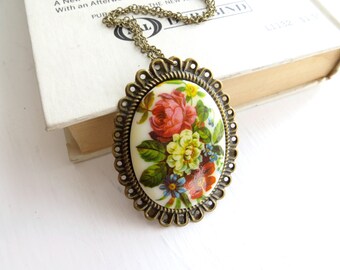 Vintage Flower Necklace - long necklace, cameo, garden, spring, neutrals