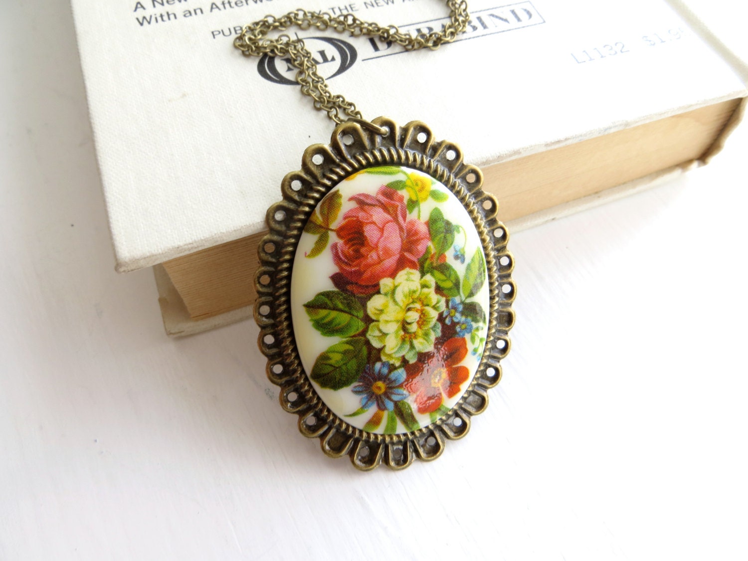 Vintage Flower Necklace - long necklace, cameo, garden, spring, neutrals