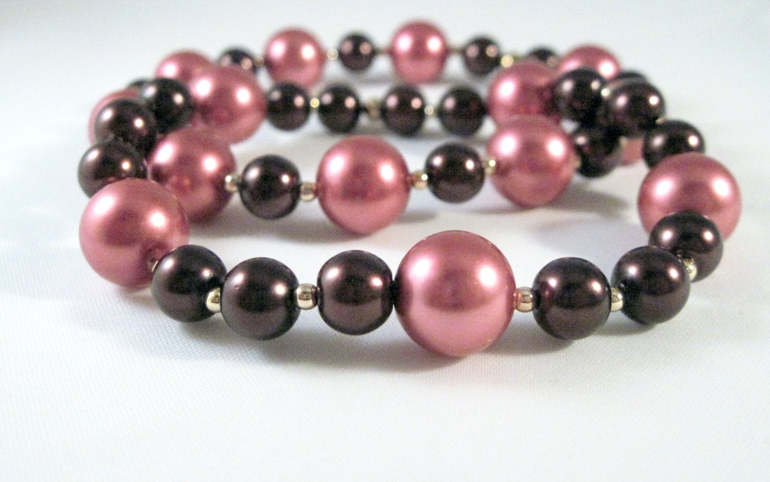 Lipstick Pink and Chocolate Brown Glass Pearl Mult Strand Stretch Bracelets