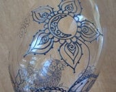 One of kind glassware set of two. Mehndi style SUN and MOON designs. gold, pewter or copper finish. Red wine, white wine, champagne