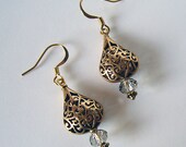 Raushana - Bronze and Crystal Filigree Teardrop Earrings