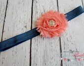 Coral & Navy Blue Headband -  Rhinestone Center - Newborn Infant Baby Toddler Girls Adult Wedding