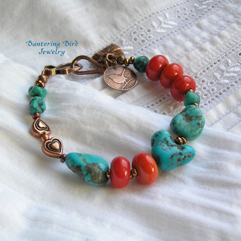 Coral Lampwork Glass Bead Bracelet with Turquoise Heart and Nuggets Southwestern Boho Jewelry