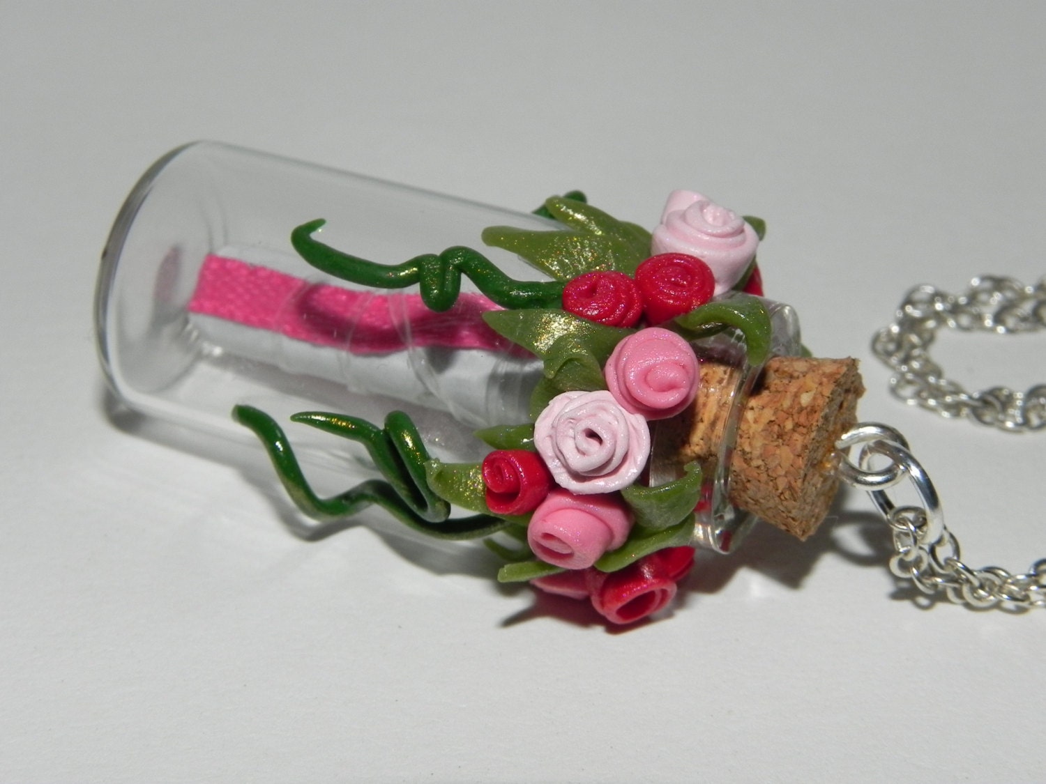 Mothers Day The Creation of Mothers Poem on a Scroll Inside Bottle Red and Pink Roses Necklace