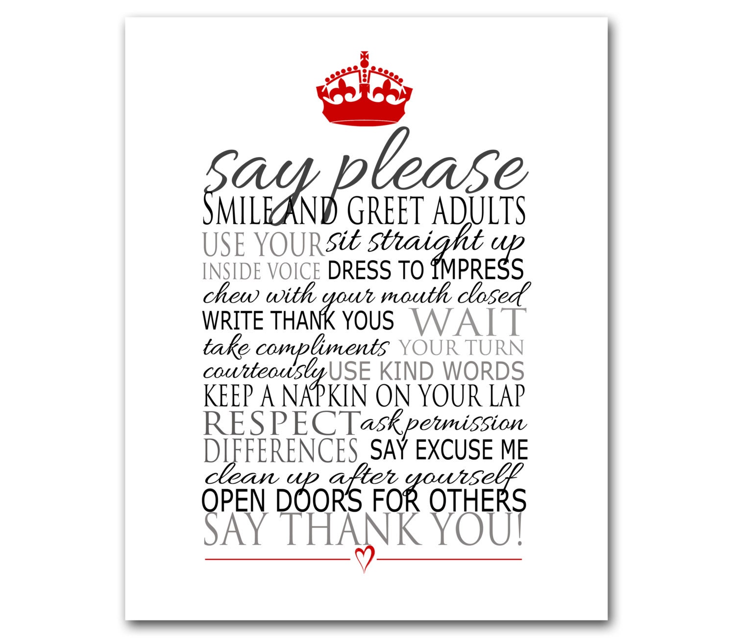 Mind your Manners Etiquette Print- Personalize it - Art Print 8x10