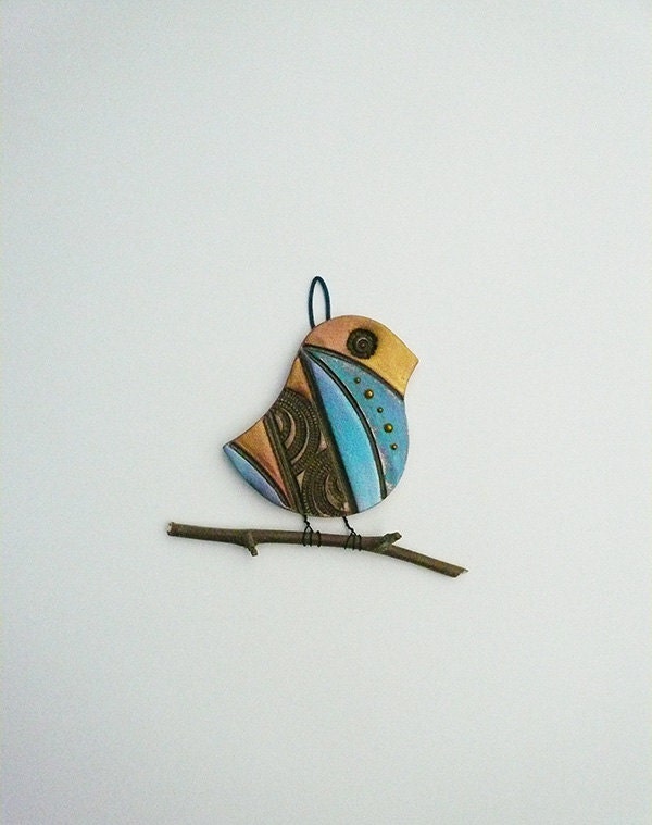 Handmade Ceramic Bird, Wall Hanging Art, Turquoise, Aqua, Purple, Brown. Rustic, Copper, Yellow, Gold