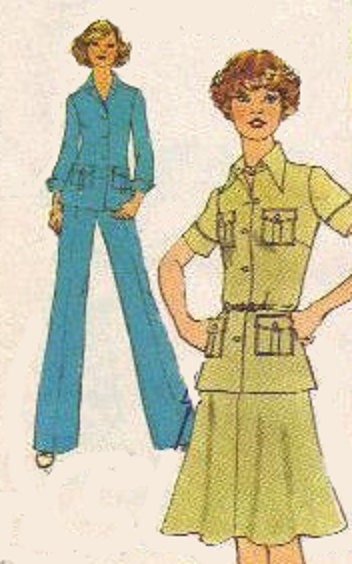 70s Style Simplicity Sewing Pattern Retro Shirt Jacket Skirt Pants Misses Size 12 Waist 34 Safari Fashion