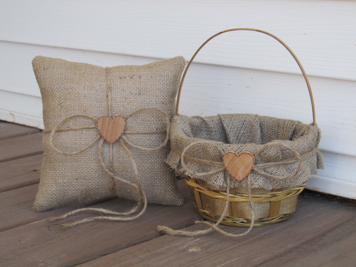 Burlap Rustic Flower Girl Basket and Ring Bearer Pillow Personalized For Your Special Day