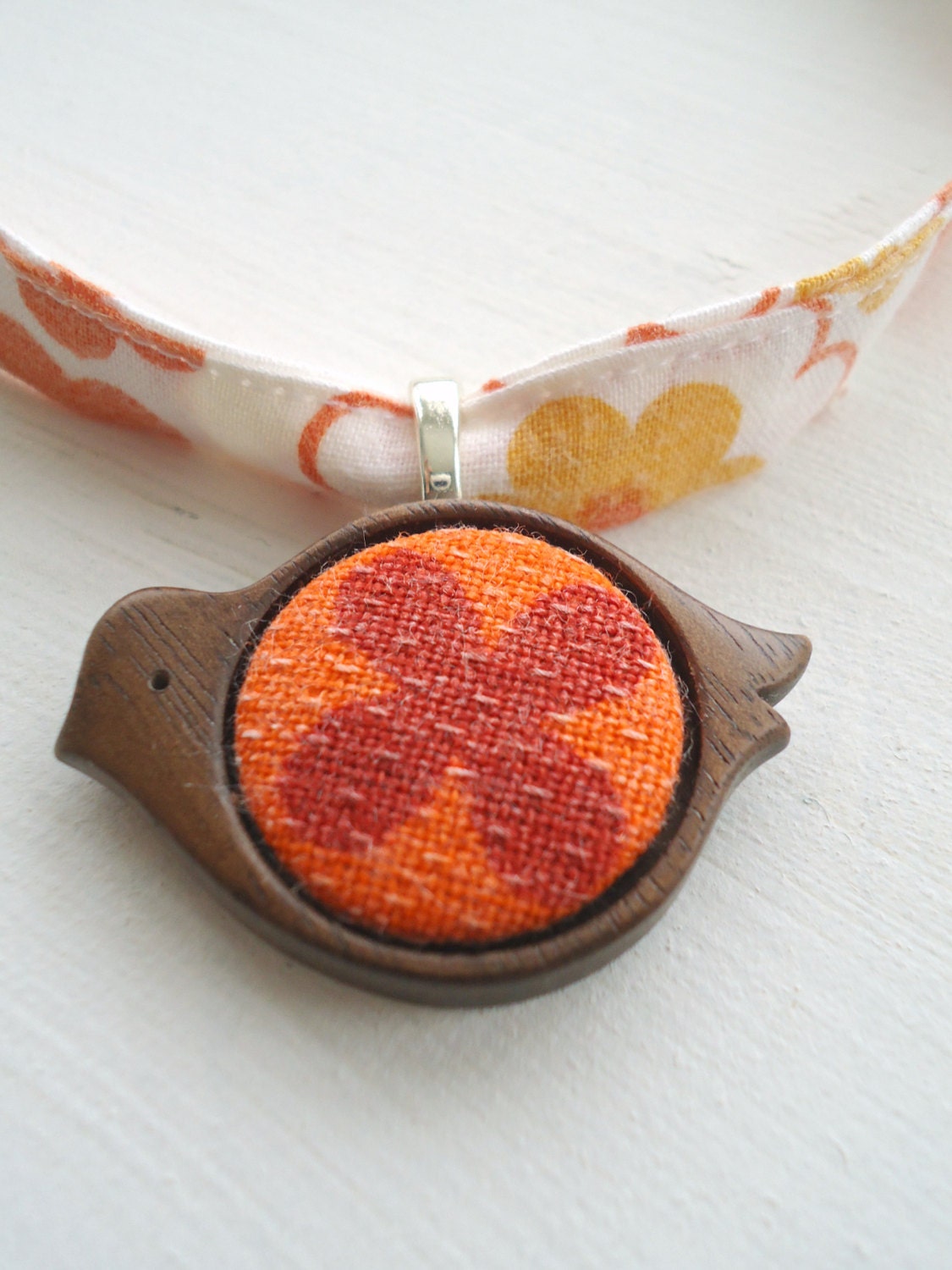 walnut wood and vintage fabric birdie pendant