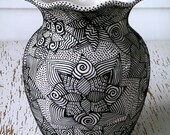 Large Vase, ceramic vase, white vase with embossed abstract flower designs, fluted vase, black and white vase, embossed vase