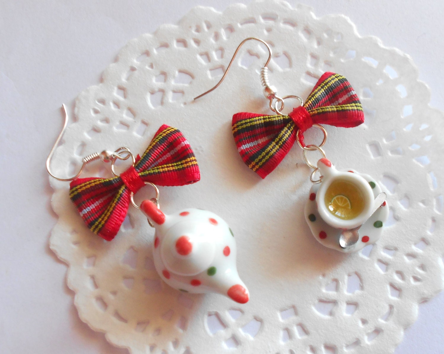 Tea time - Spotty Ceramic teapot  cup saucer spoon - handmade miniature polymer clay food jewelery