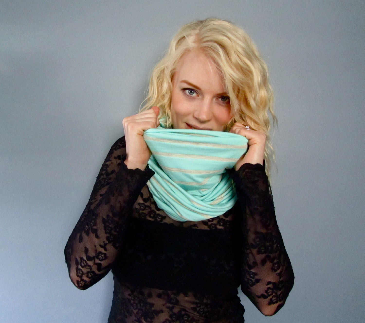 Mint Striped Infinity Scarf, Jersey Knit Scarf, Loop Scarf, Pastel, Spring Fashion
