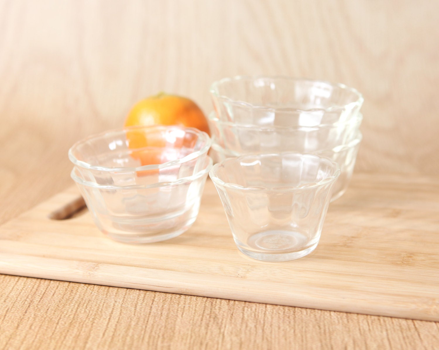 Vintage Fire King Custard Cups, Clear Fluted Glass w/ Scallop Edge (set of 6)