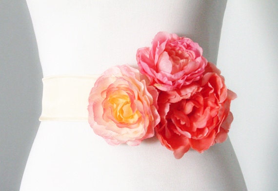 Bridal Flower Sash Belt - Ribbon Harvest Gold, Peach, Coral, Pink Flowers - Wedding Dress Sashes Belts