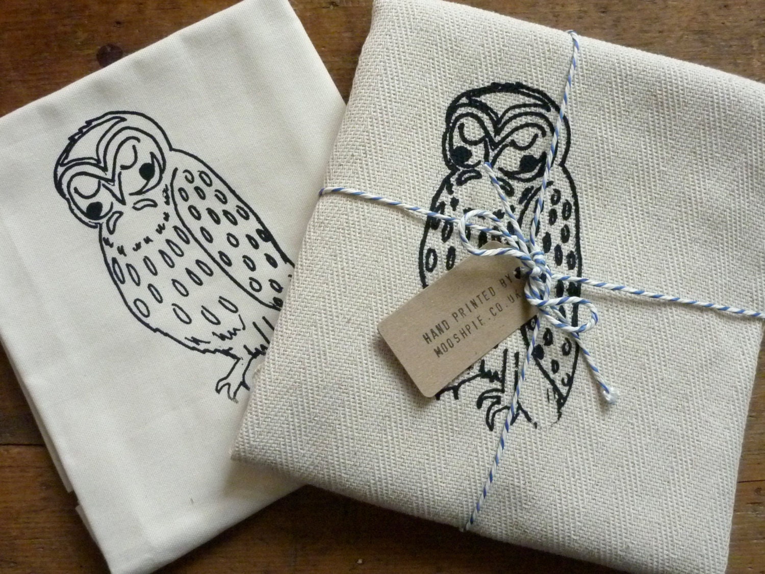 Little Owl screen printed large tea towel
