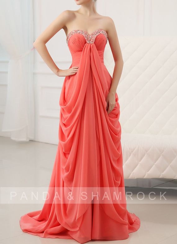 Peach/women clothing/wedding gown/bridesmaid dress/one shoulder/chiffon/custom made/beading/13017