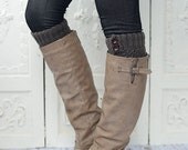 Dark Grey Knitted Boot Cuffs with Buttons Short Cable-Knit Leg Warmers with Vintage Wooden Buttons