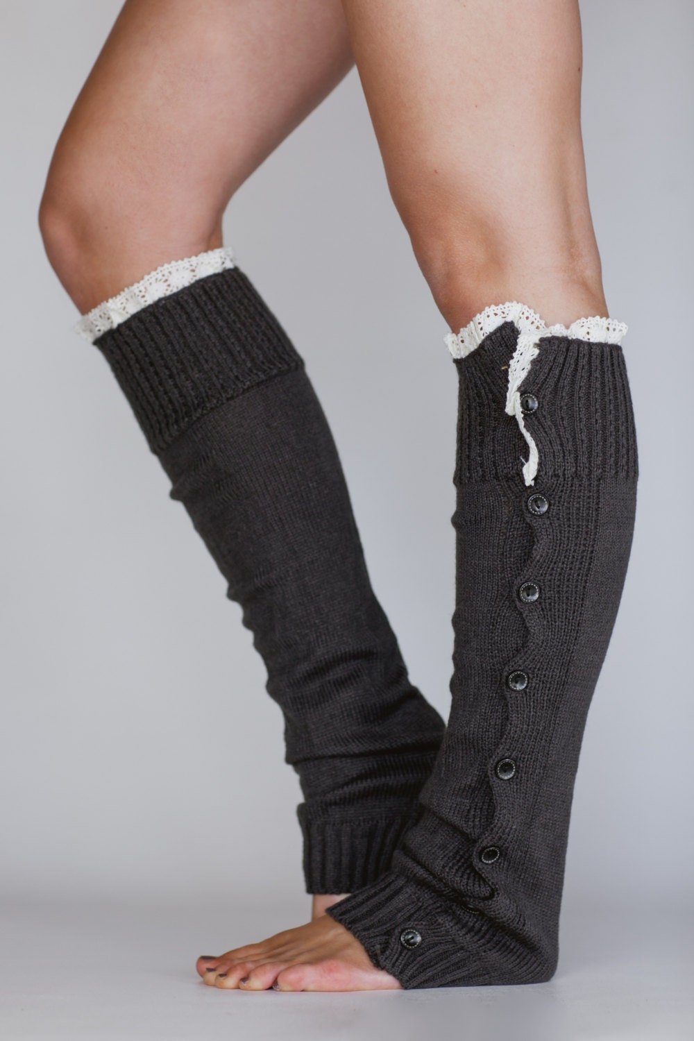 SALE Grey Leg Warmers Button Down Lacy Ruffle Trim in Dark Grey Boot Socks Boot Cuffs