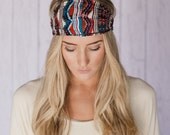 Mauve Aztec Headband Striped Aztec Teal Crinkled Pattern Headband Tribal Stretchy Wide Bohemian Headband Women's Fashion Hair Accessory