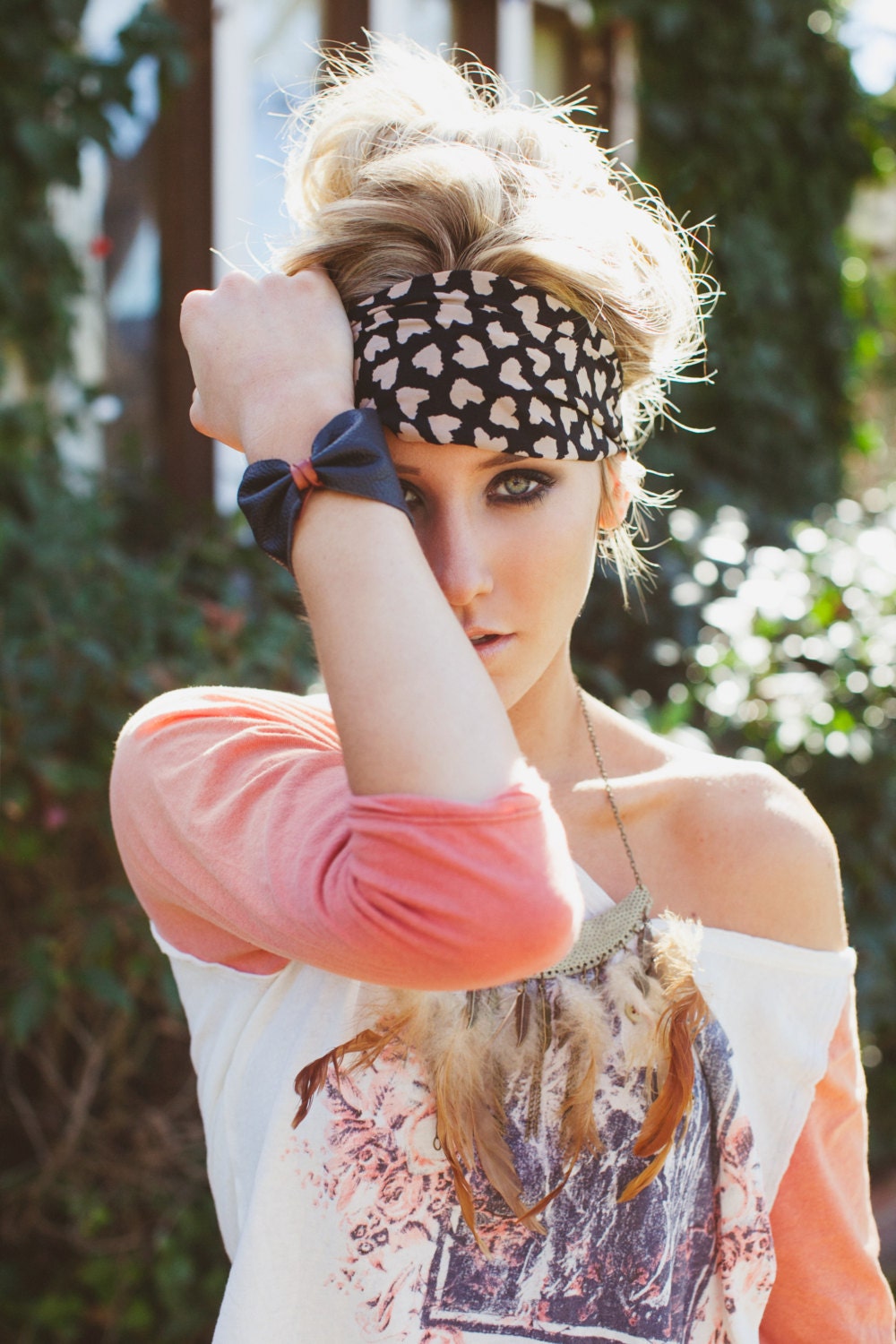 Taupe, Black, and Loved All Over Heart Headband Wide Love Print Headband With Taupe and Black Hearts