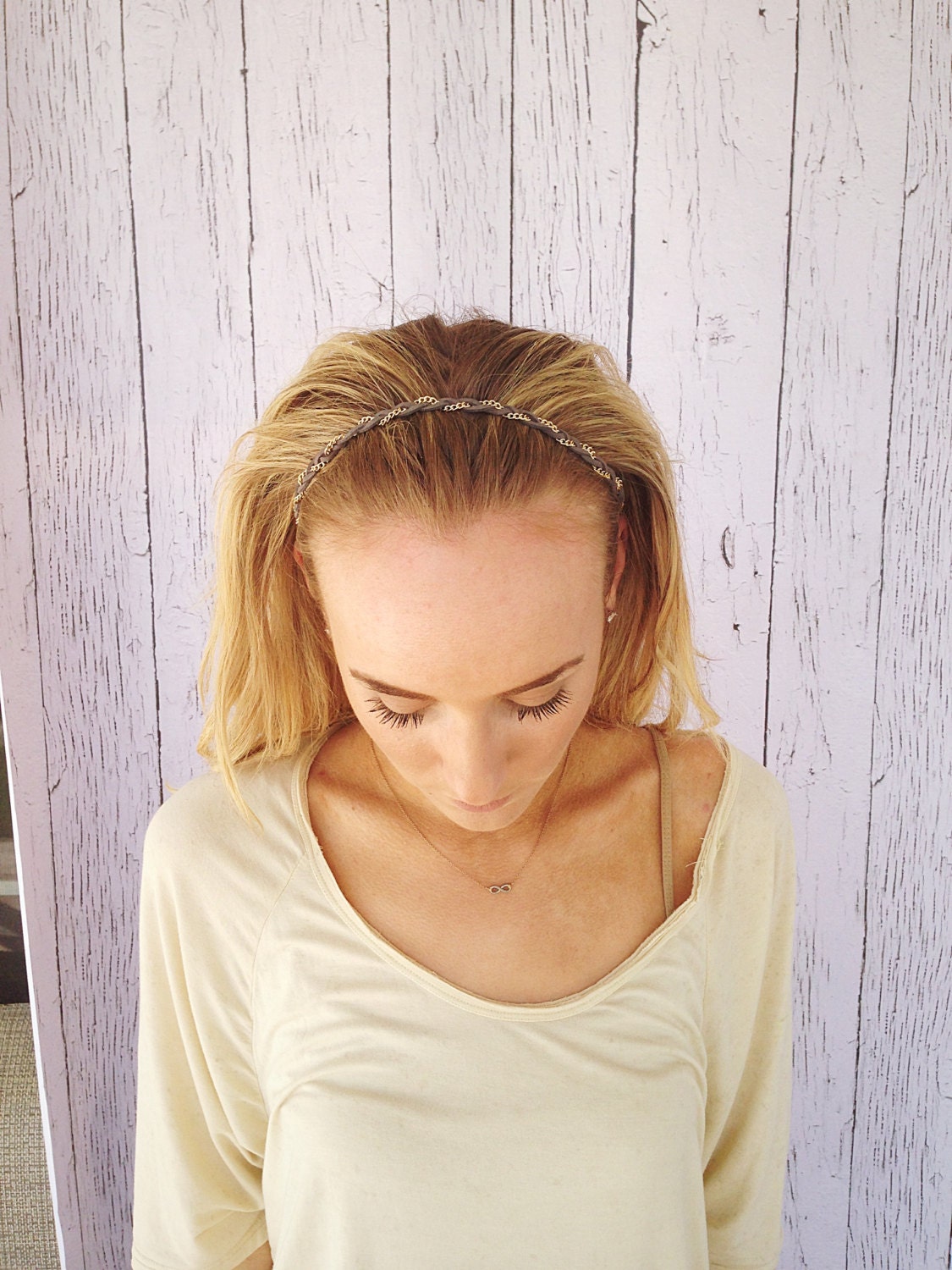 Braided Headband Chain and Leather Braided Headband Elastic Stretchy Fit Hair Band Headband Fashion Hair Accessory in GREY