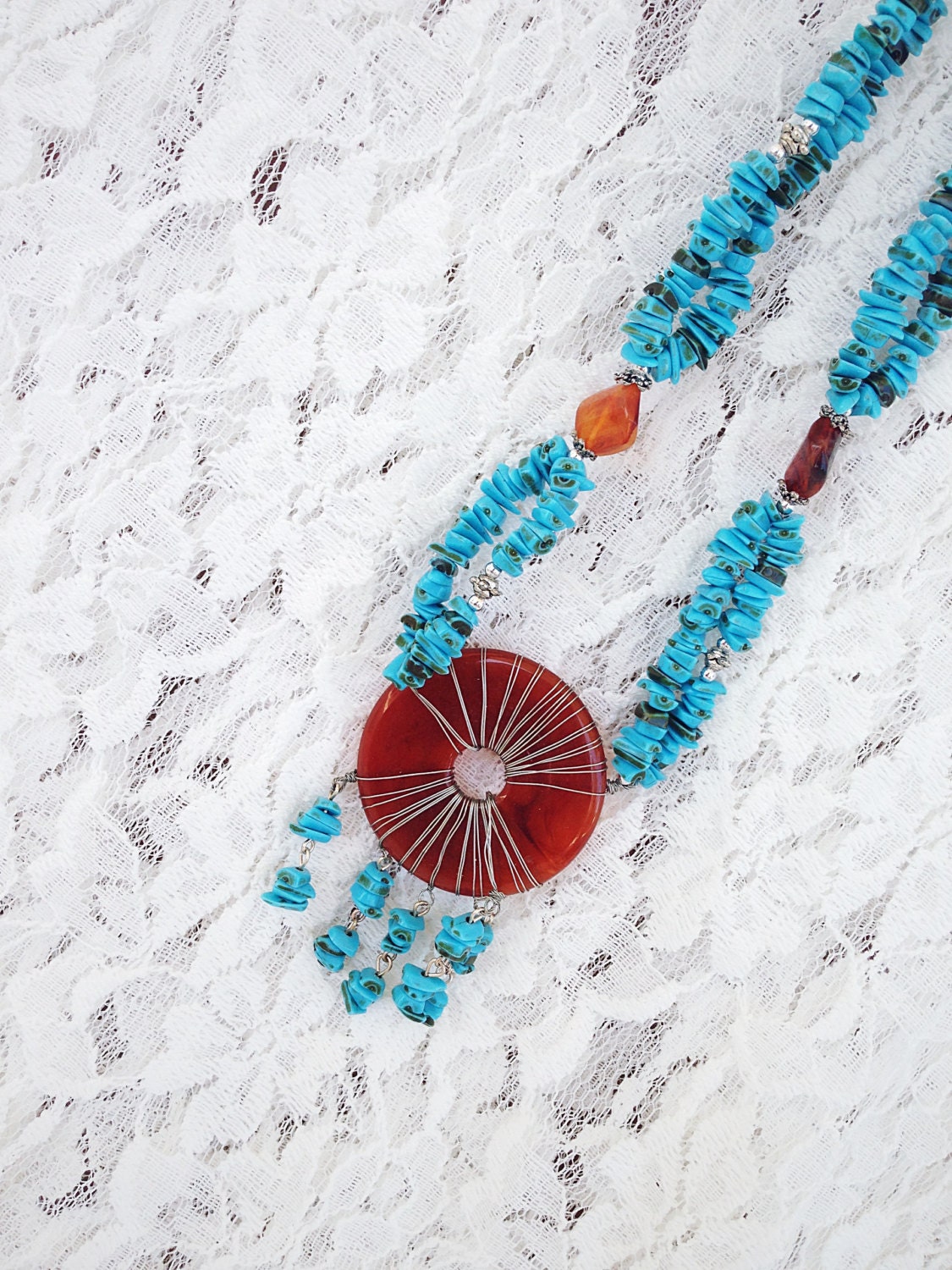 Vintage Turquoise beaded rock necklace with pendant Boho Hippie Southwest Charm Vintage Jewelry