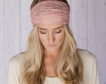 Peachy Pink Lace Headband Stretchy Wide Lace Turband Head Covering For Women or Teens with Lace Covered Elastic Two Layers