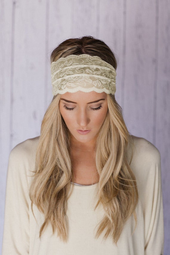Wide Lace Headbands Ivory Sheer Lace Headband with Tapered Cut and Scalloped Edge - Sheer Simplicity Headband