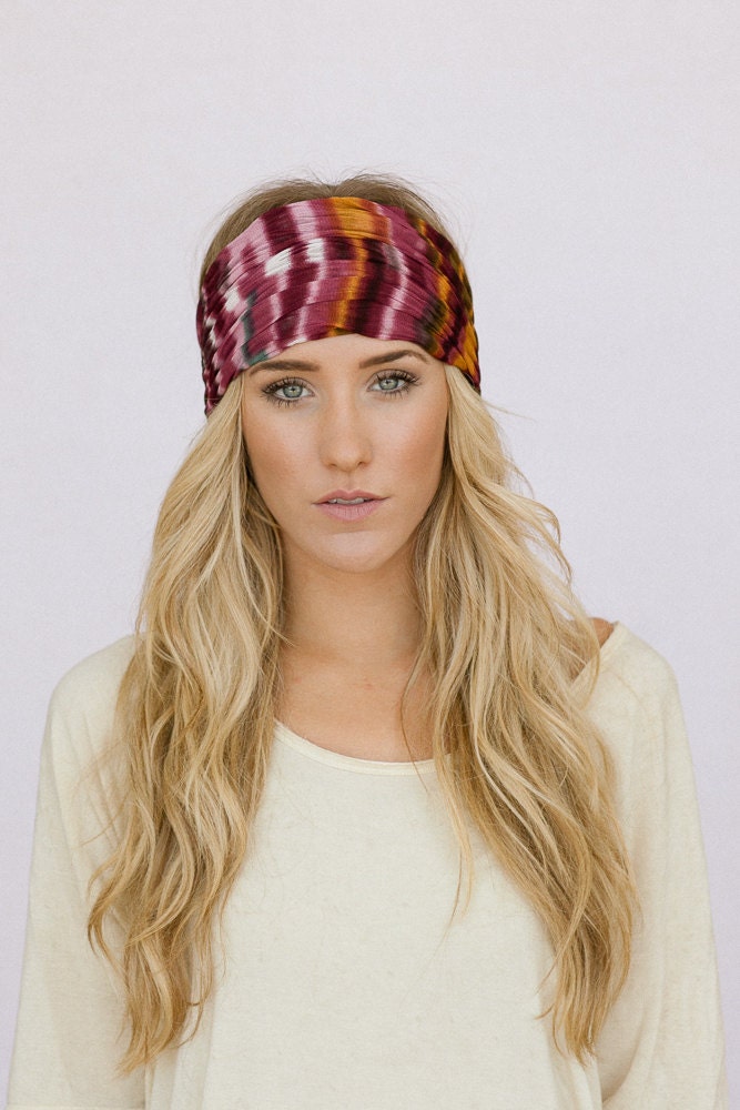Purple Stretchy Headband - Multi-Color Tie Dye Mesh Gauze Women's wide hair band urban turban head wrap headband (HBM-03)