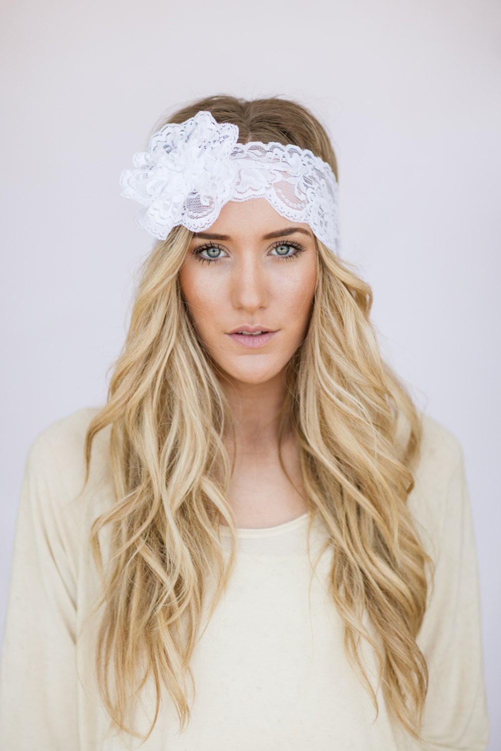 Mrs. I Do Wedding Lace Headband Floral Head Piece White Wide Stretchy Hair Bands with Lace Flower and Pearl Button Stretchy Hair Accessories
