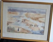 Original Watercolor A Day At The Beach 1965 Retro Vintage Original Frame