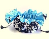 Jewelry Drawstring Pouch / Travel Jewelry Organizer / Cosmetics Bag / Black and White Design with Teal Inside