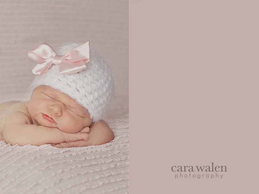Newborn Girl Hat, Photo Prop, White Beanie with a Pink Satin Bow.