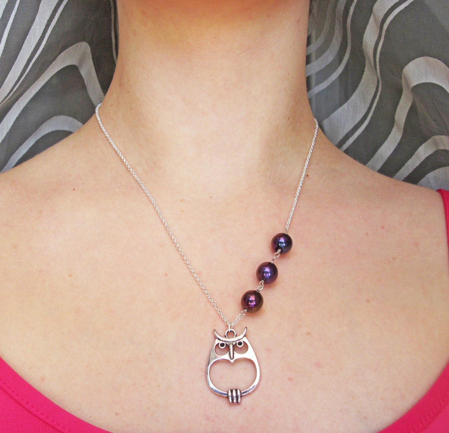 owl necklace, long necklace, woodland jewelry owl jewelry necklace, purple jewelry, animal necklace, silver owl necklace, owl accessories