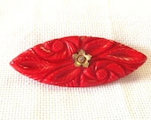 Vintage Brooch, Bar Pin, Jewelry, Carved Red Floral, Rhinestone Accent, Detailed Design