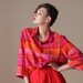 Pure silk red pink color block blouse