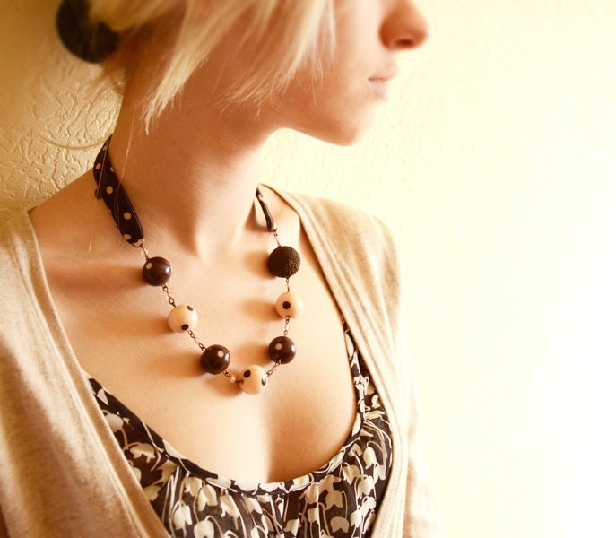 Handmade cute Necklace Polka Dot - Polymer Clay - beige and brown